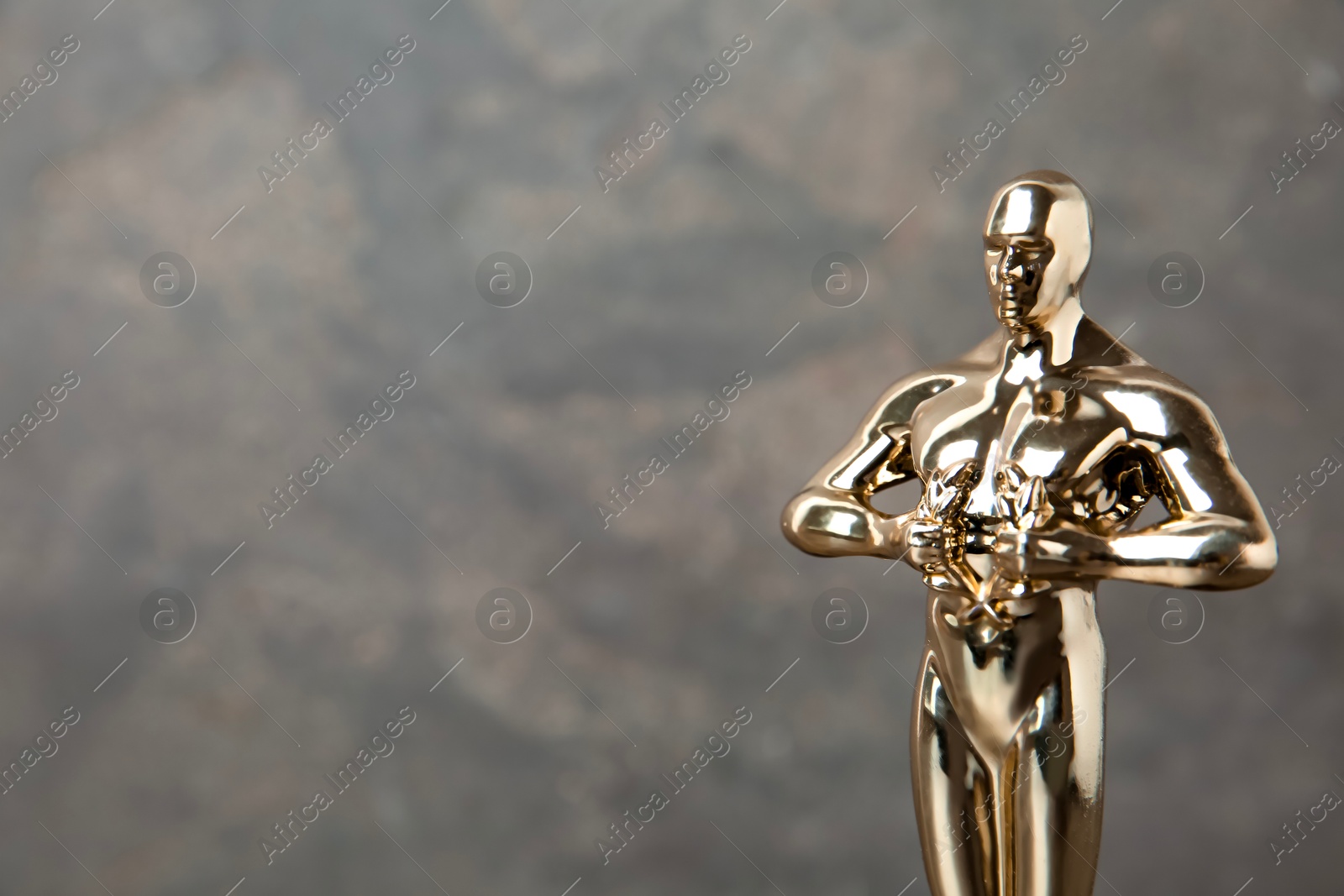 Photo of Golden trophy in shape of human figure against blurred gray background, space for text