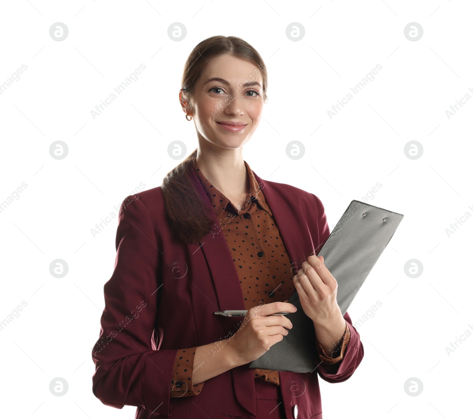 Photo of Portrait of banker with clipboard on white background