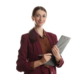 Photo of Portrait of banker with clipboard on white background