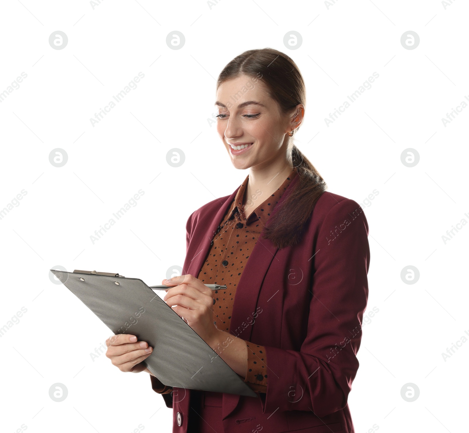 Photo of Portrait of banker with clipboard on white background