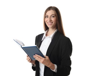 Photo of Portrait of banker with notebook on white background