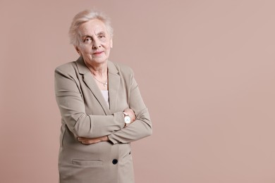 Photo of Portrait of senior woman on color background. Space for text