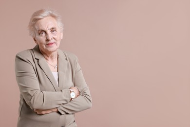 Photo of Portrait of senior woman on color background. Space for text