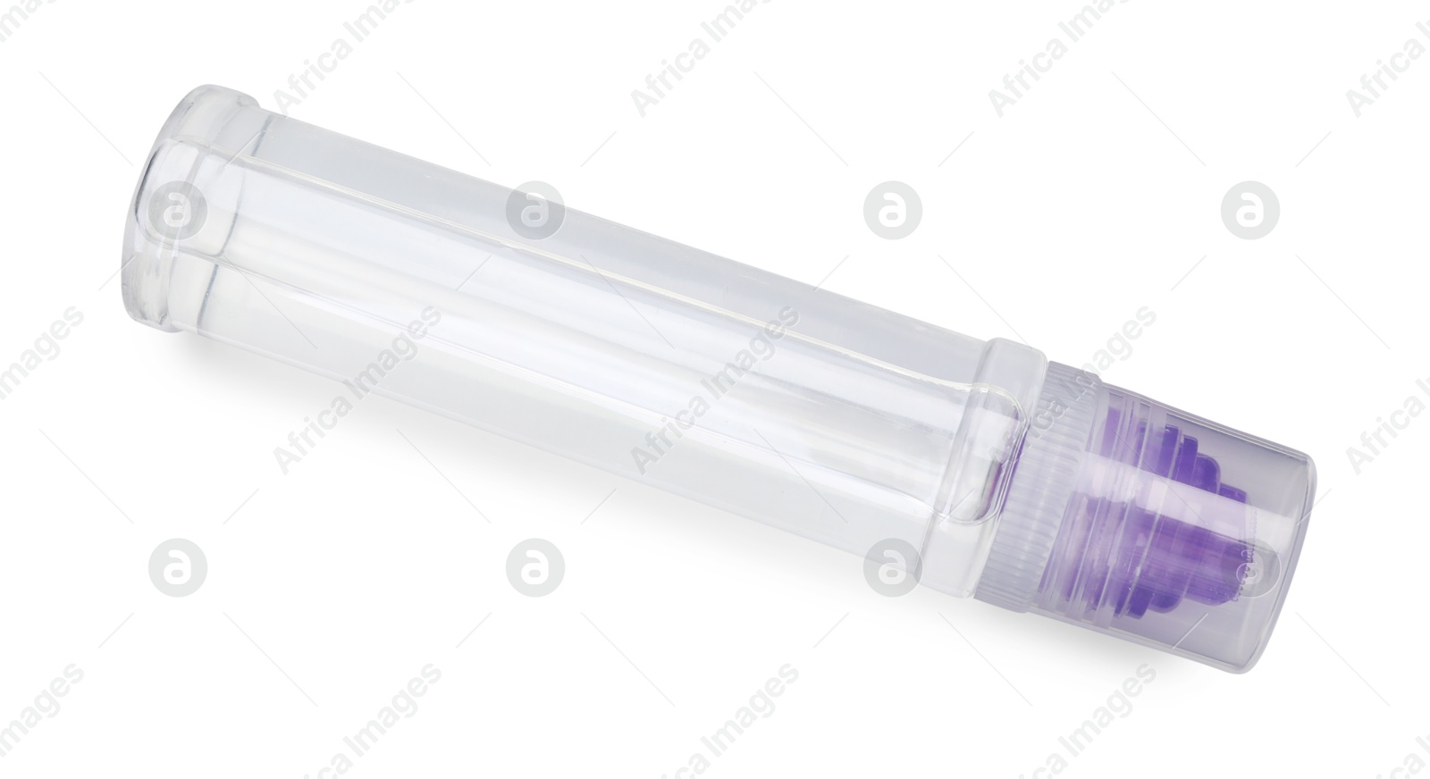 Photo of One transparent glue stick isolated on white, top view