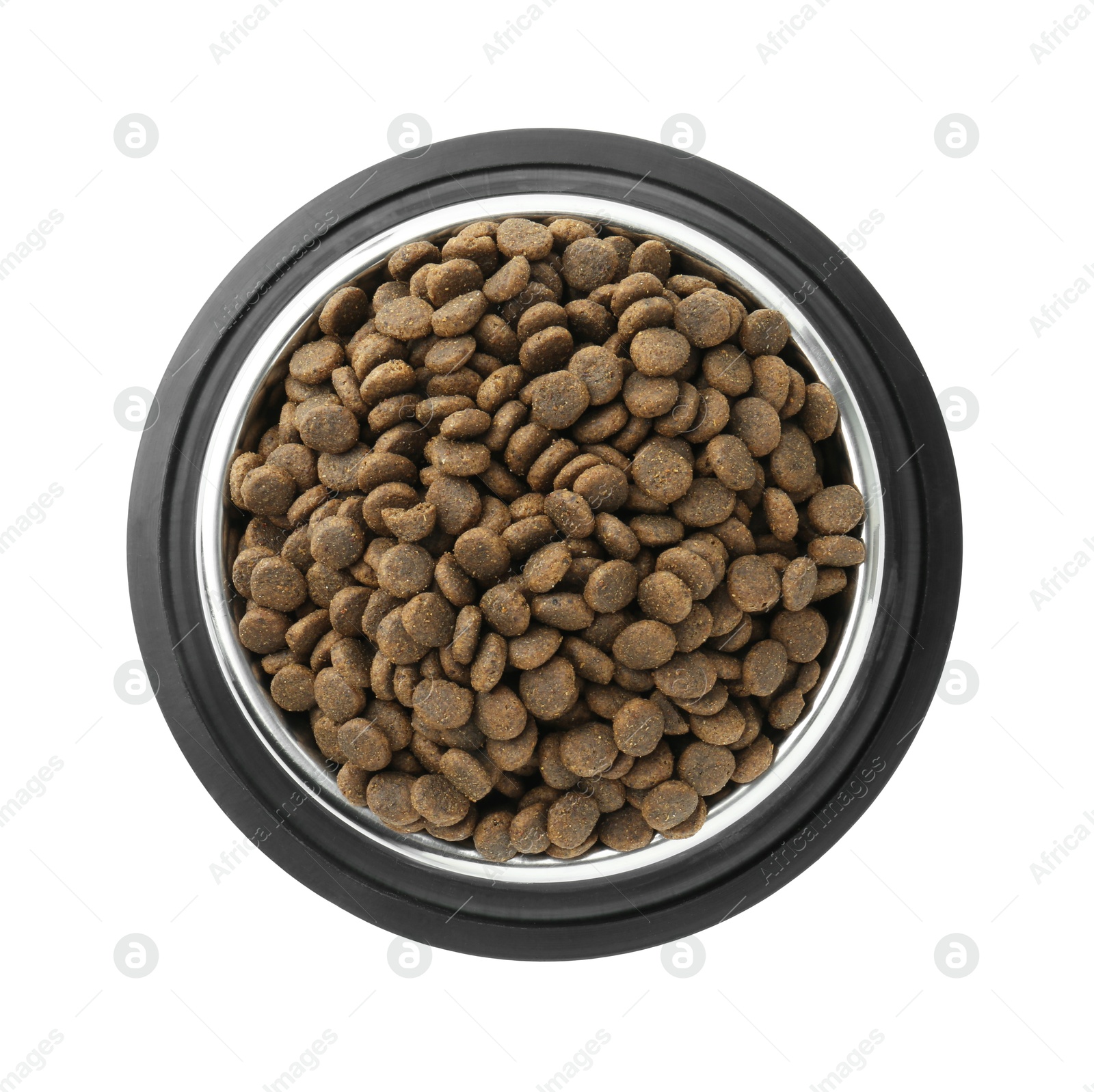 Photo of Dry pet food granules in feeding bowl isolated on white, top view