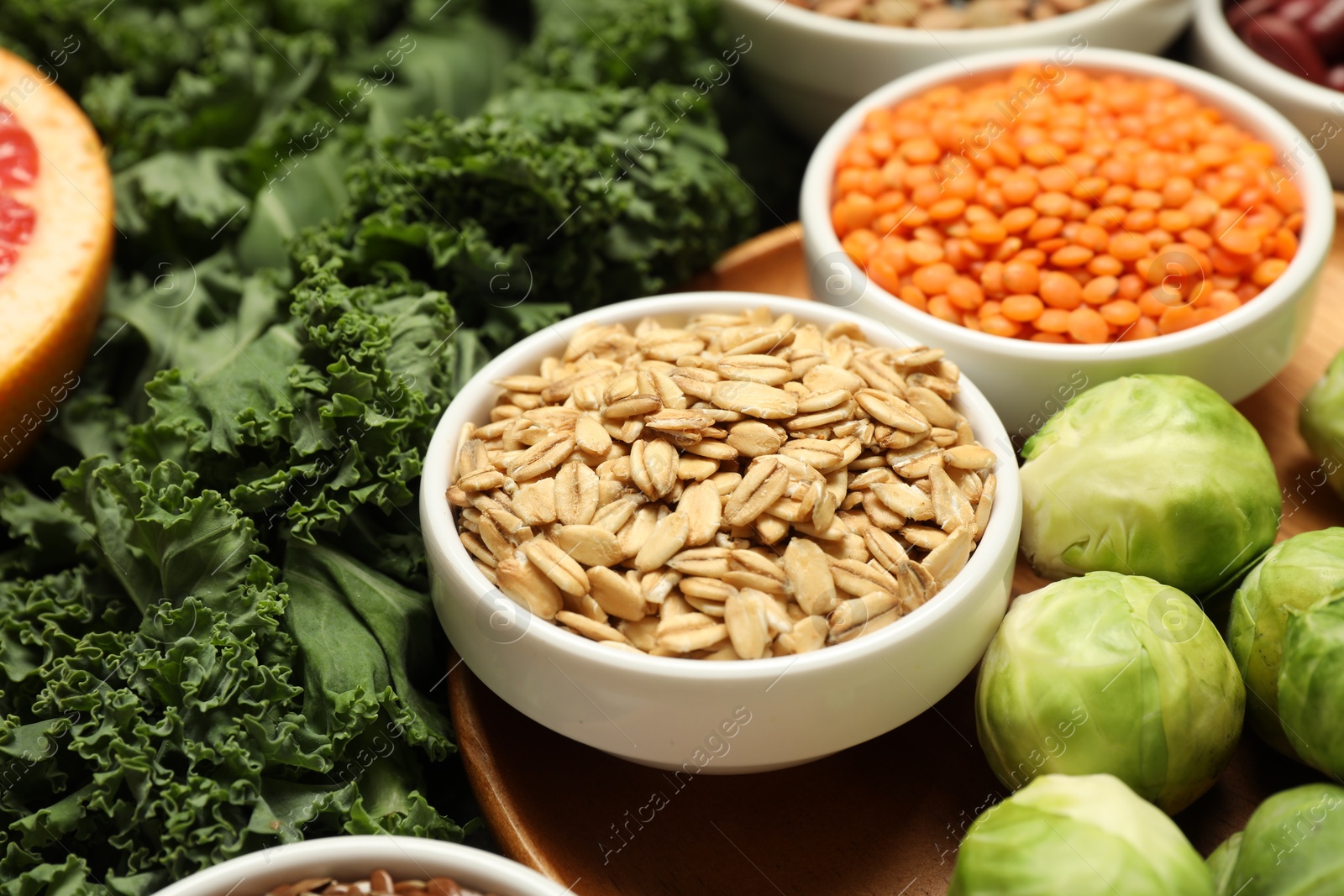 Photo of Superfood. Different healthy food products on table, closeup