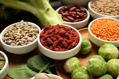 Photo of Superfood. Different healthy food products on table, closeup