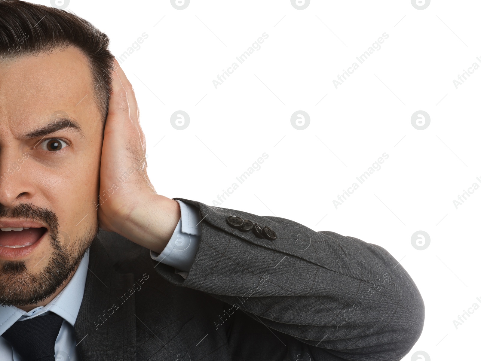 Photo of Man covering his ears on white background, closeup