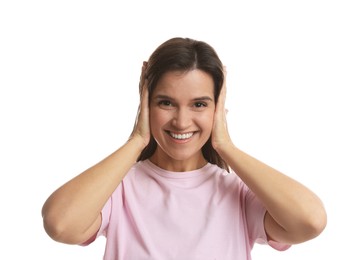 Photo of Woman covering her ears on white background