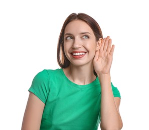 Photo of Woman showing hand to ear gesture on white background