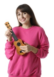 Photo of Happy woman playing ukulele on white background