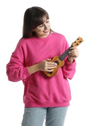 Happy woman playing ukulele on white background