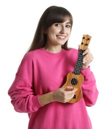 Photo of Happy woman playing ukulele on white background