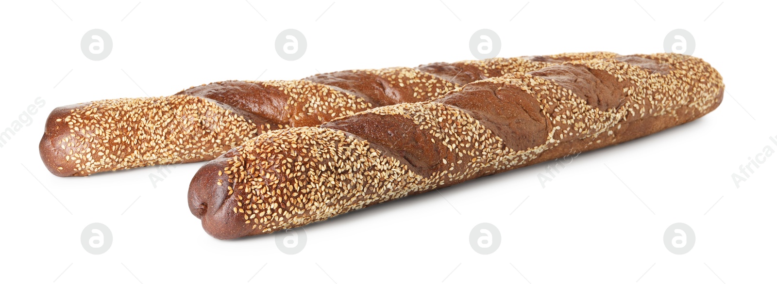 Photo of Fresh baguettes with sesame isolated on white