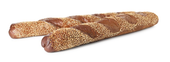 Photo of Fresh baguettes with sesame isolated on white