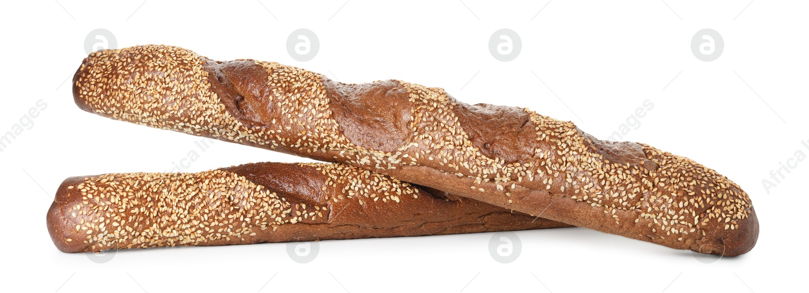 Photo of Fresh baguettes with sesame isolated on white