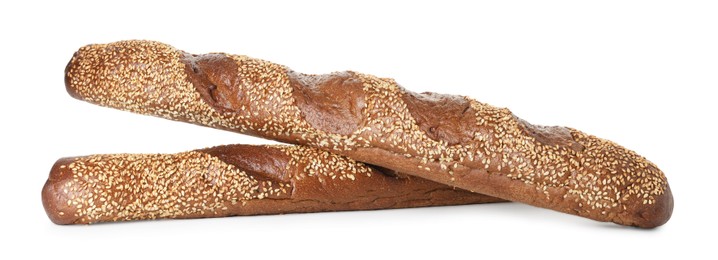 Photo of Fresh baguettes with sesame isolated on white