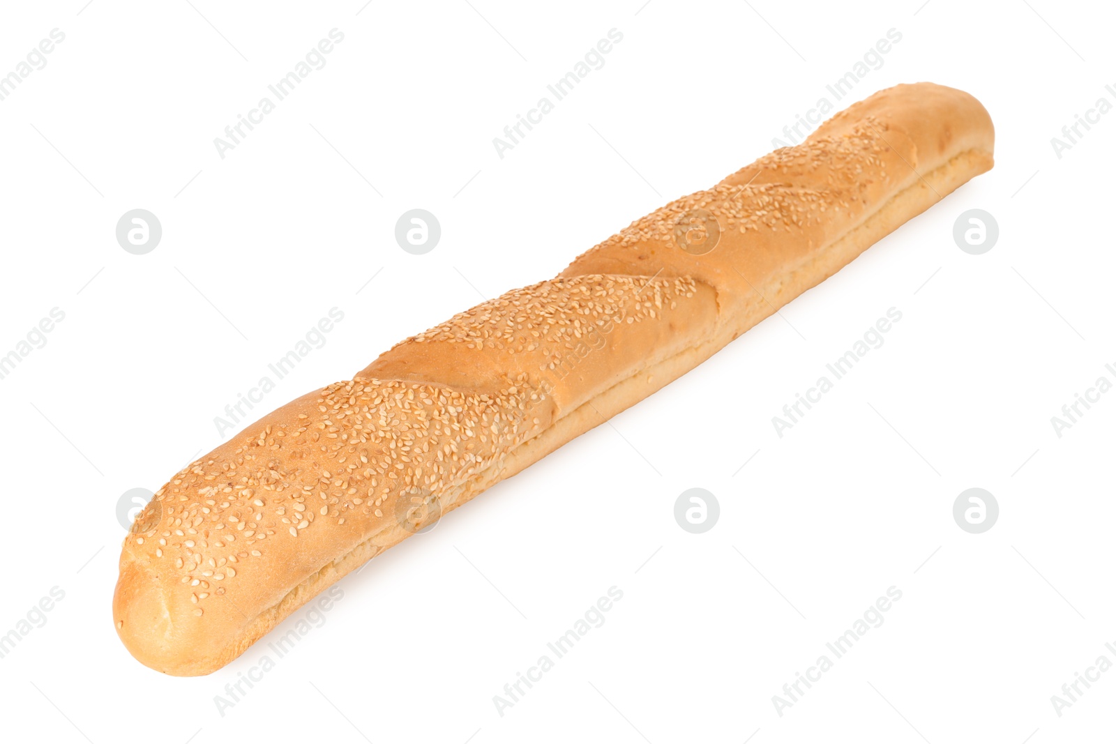 Photo of One fresh baguette with sesame isolated on white