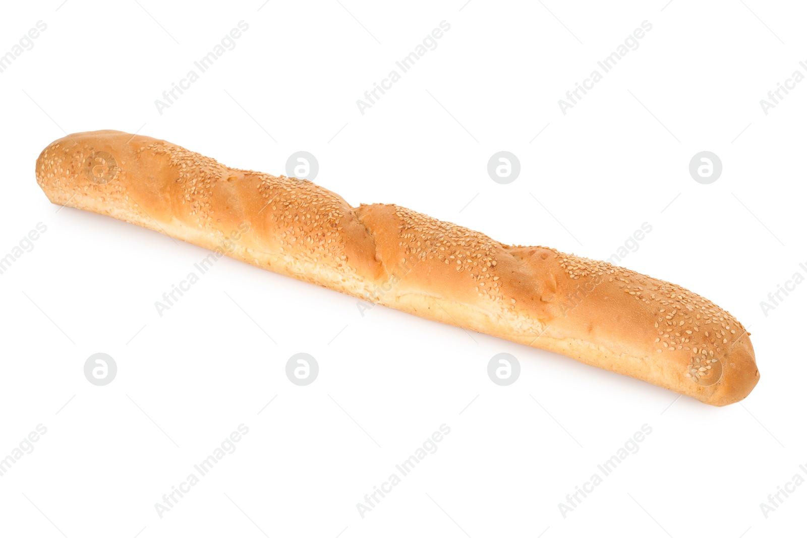 Photo of One fresh baguette with sesame isolated on white