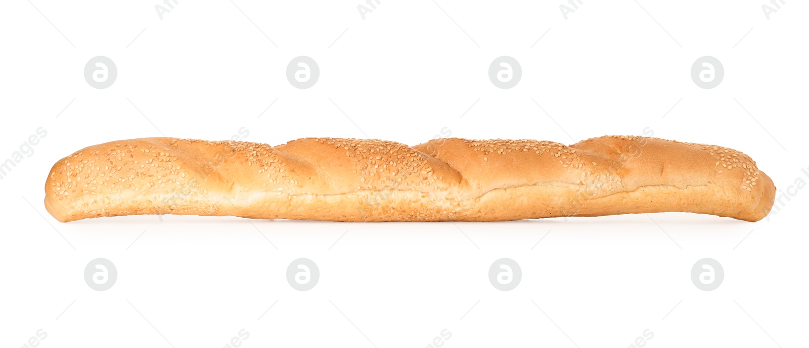 Photo of One fresh baguette with sesame isolated on white