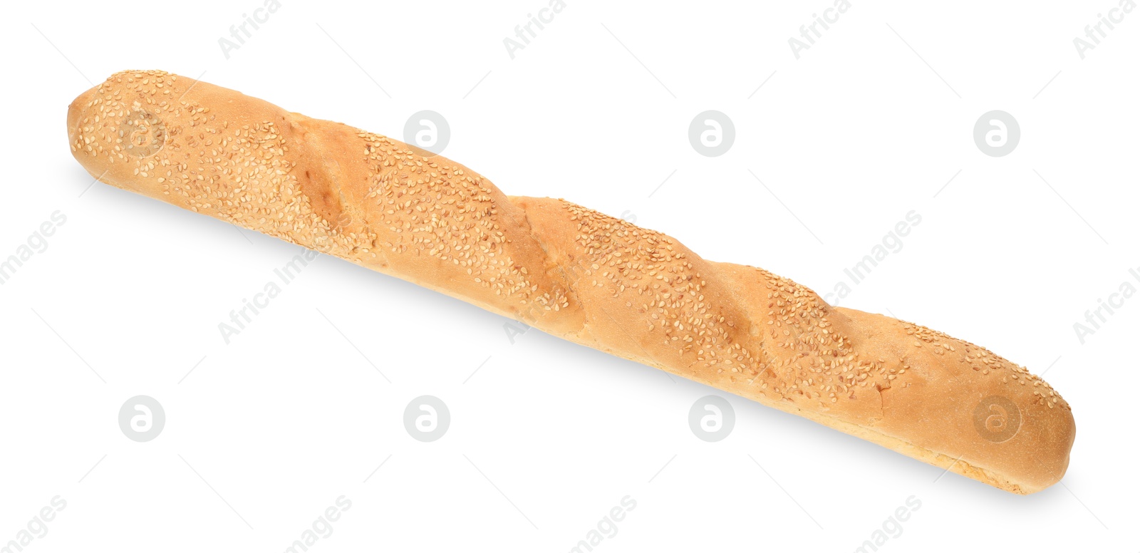 Photo of One fresh baguette with sesame isolated on white, top view