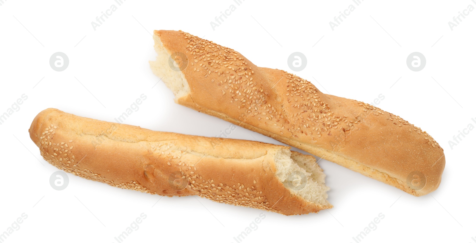 Photo of Fresh baguette with sesame isolated on white, top view