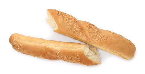 Photo of Fresh baguette with sesame isolated on white, top view