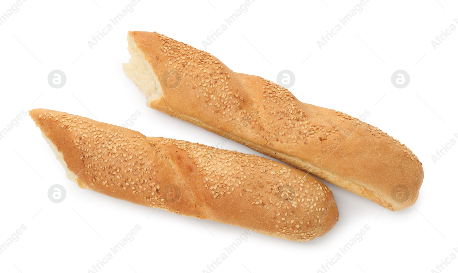 Photo of Fresh baguette with sesame isolated on white, top view