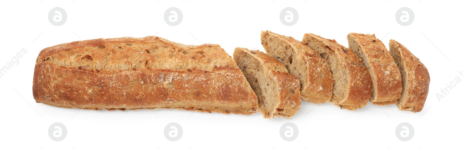 Photo of Cut freshly baked baguette isolated on white