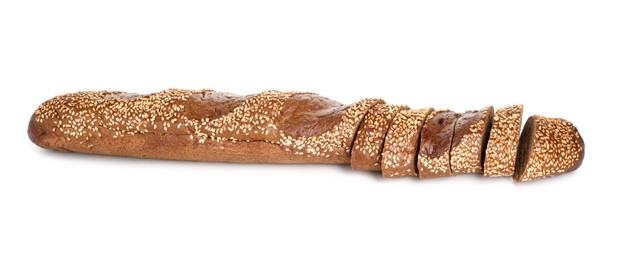 Photo of Cut fresh baguette with sesame isolated on white