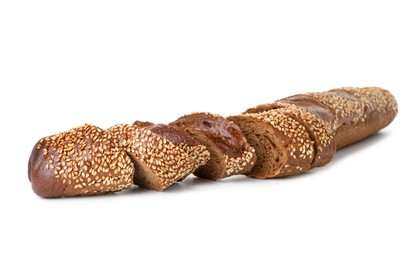 Photo of Cut fresh baguette with sesame isolated on white