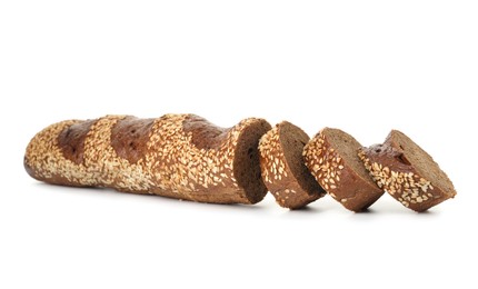 Photo of Cut fresh baguette with sesame isolated on white