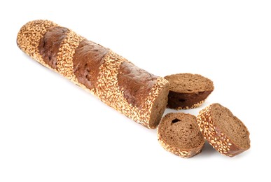 Photo of Cut fresh baguette with sesame isolated on white