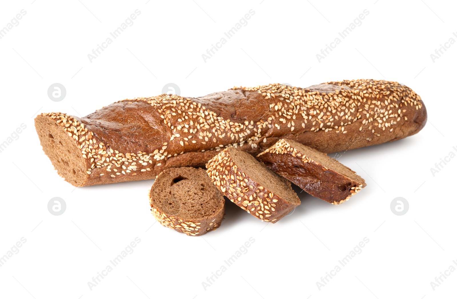 Photo of Cut fresh baguette with sesame isolated on white