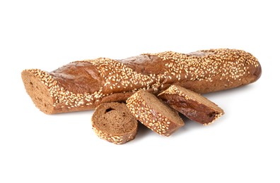 Photo of Cut fresh baguette with sesame isolated on white