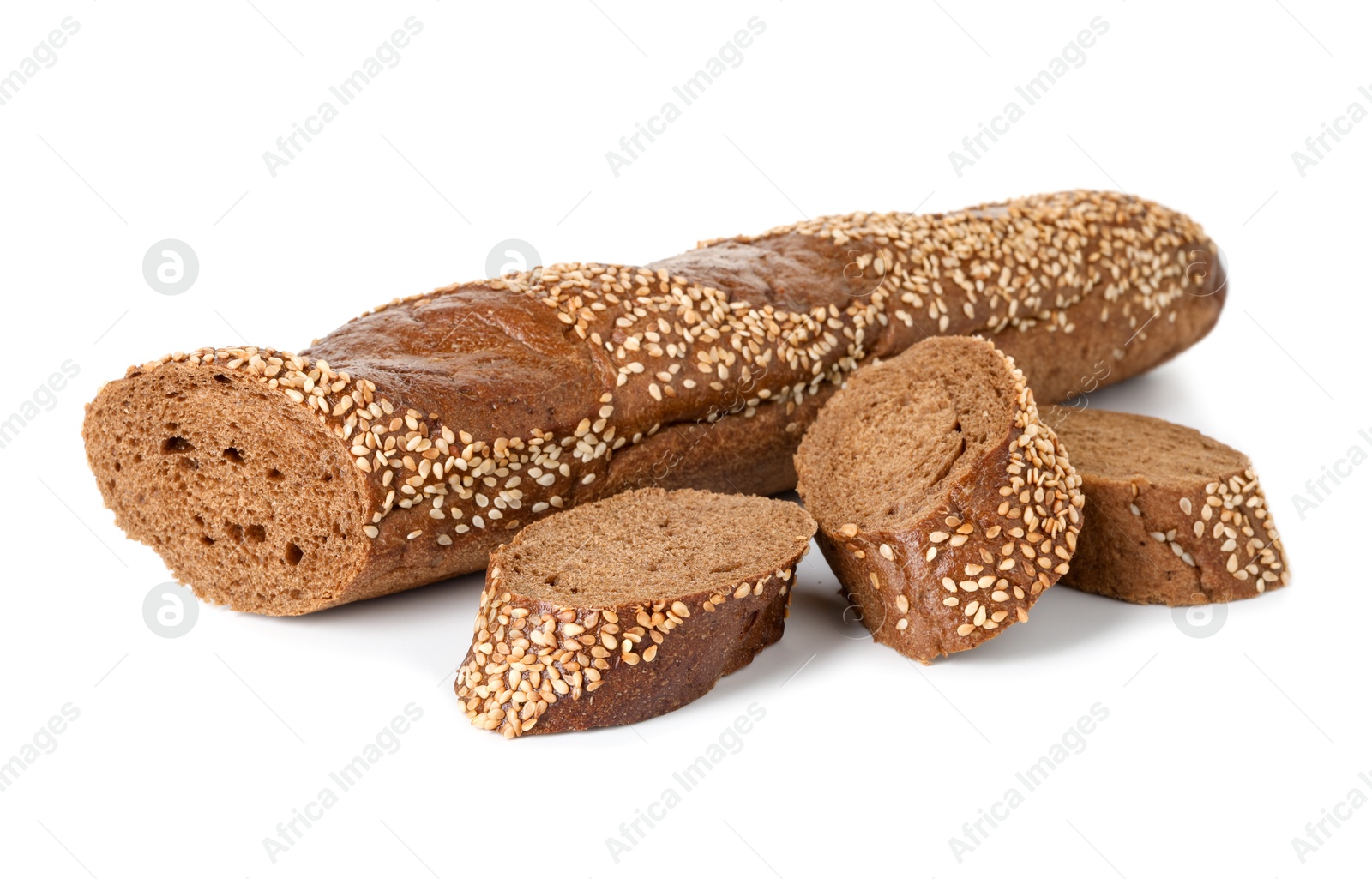 Photo of Cut fresh baguette with sesame isolated on white