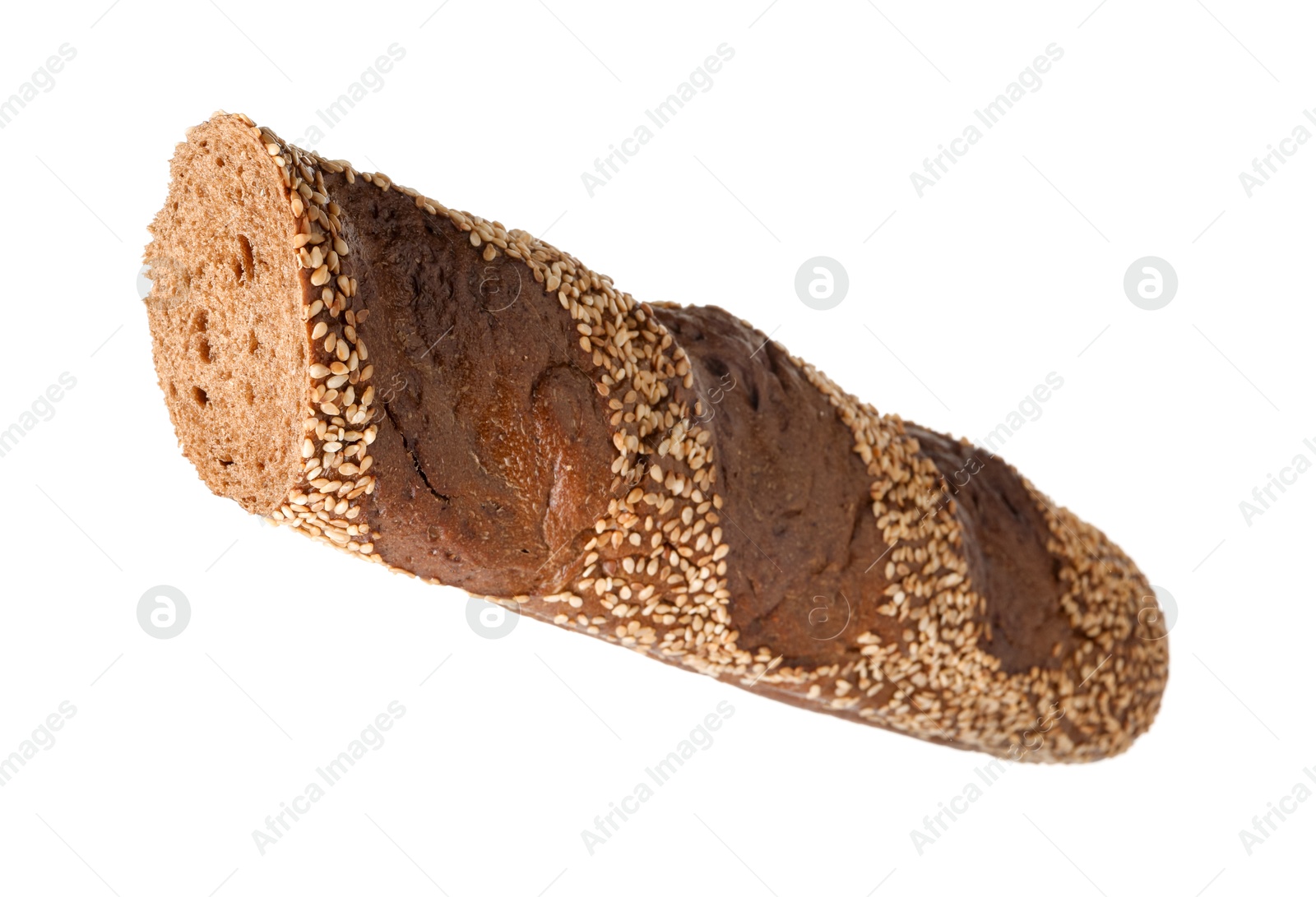 Photo of Cut fresh baguette with sesame isolated on white