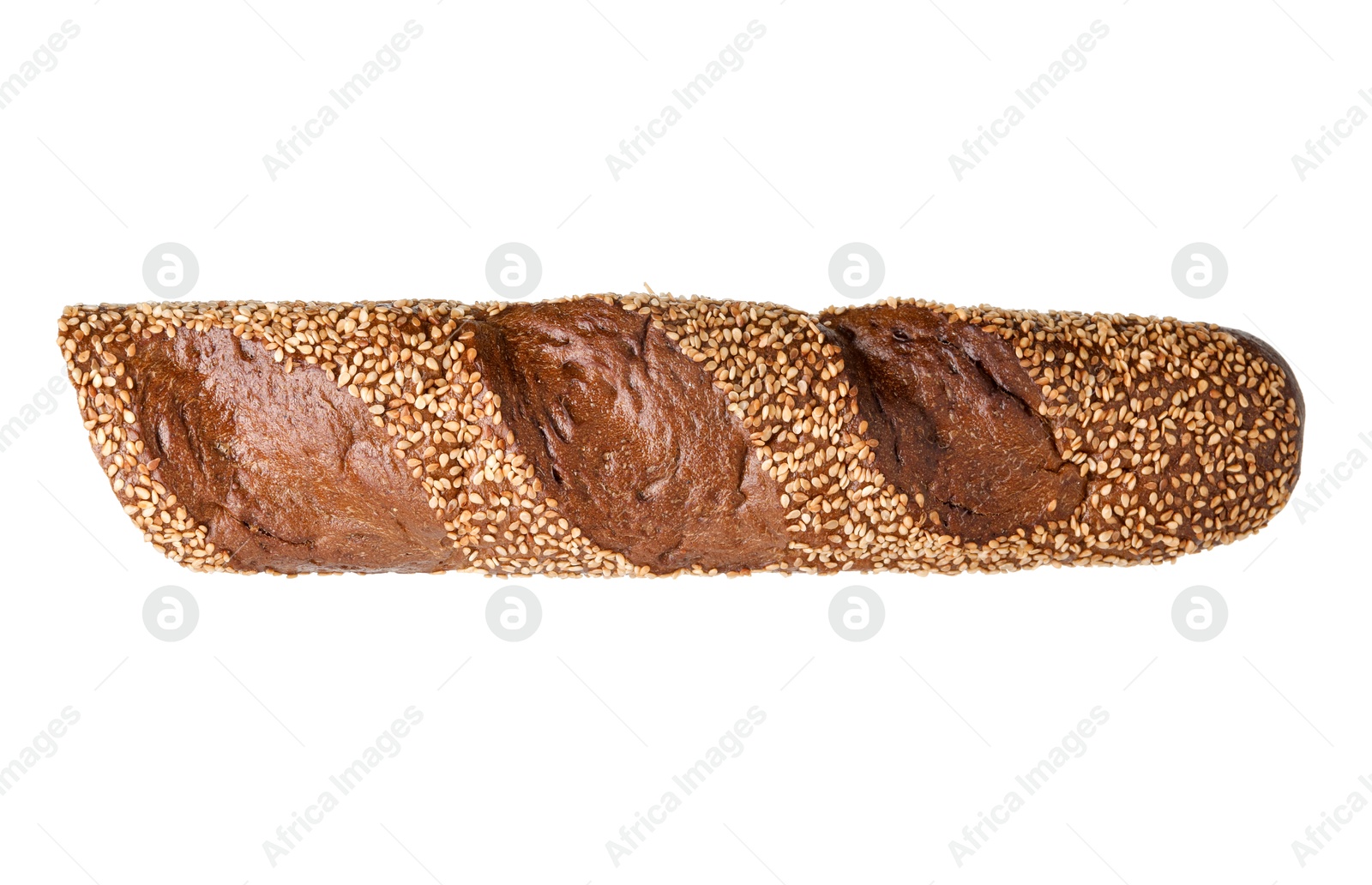 Photo of Cut fresh baguette with sesame isolated on white