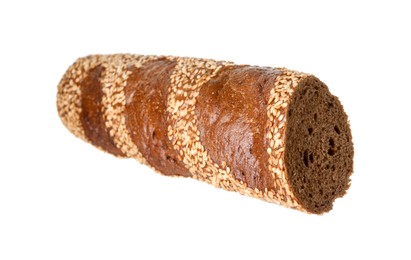 Cut fresh baguette with sesame isolated on white