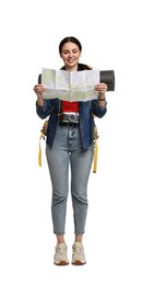 Photo of Young tourist with backpack and map on white background