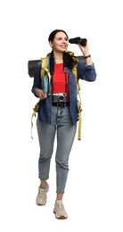 Photo of Young tourist with backpack, binoculars and camera on white background