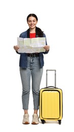 Young tourist with suitcase on white background