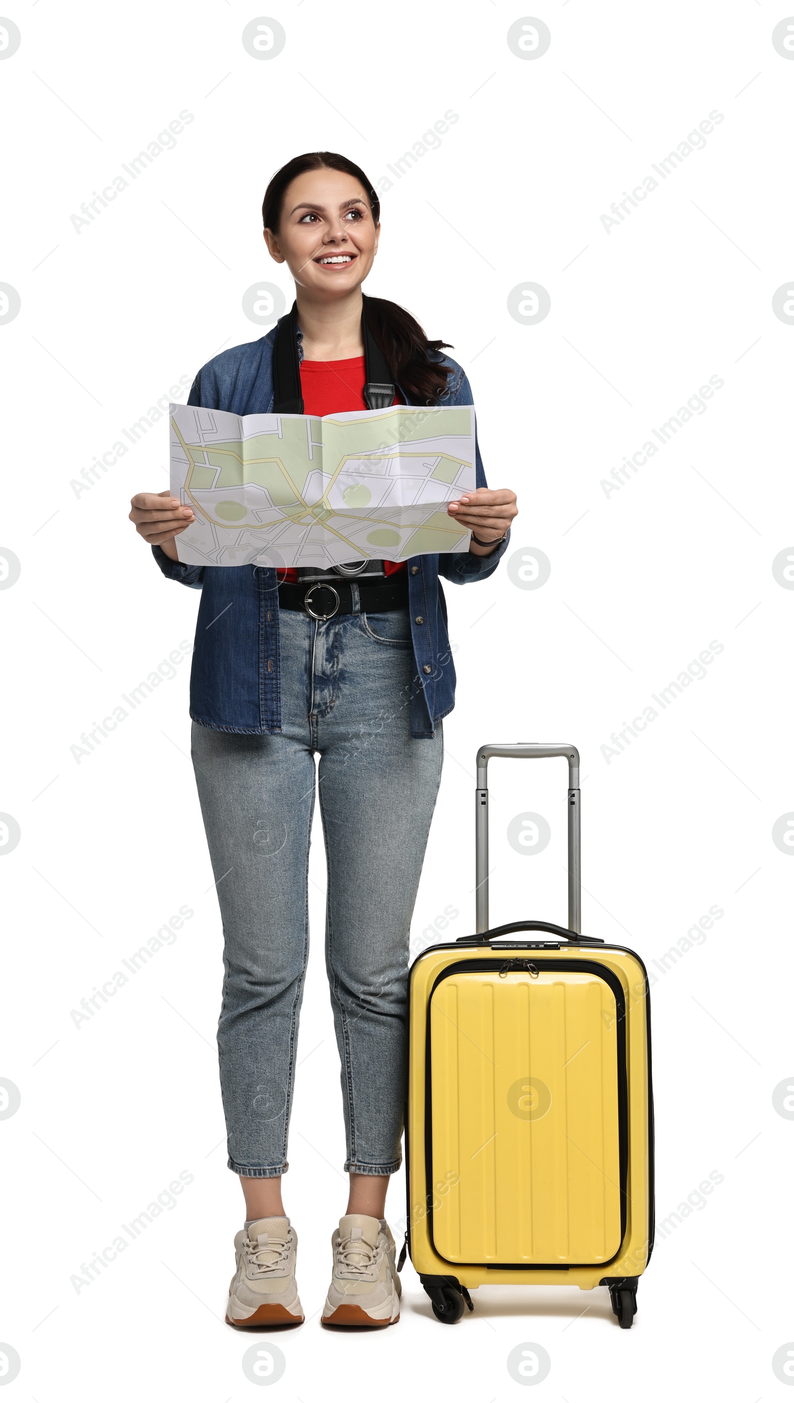 Photo of Young tourist with suitcase on white background