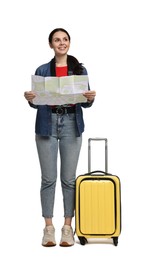 Photo of Young tourist with suitcase on white background