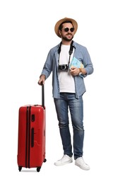 Happy tourist in hat with camera, map and suitcase on white background