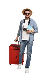 Photo of Happy tourist in hat with camera, map and suitcase on white background