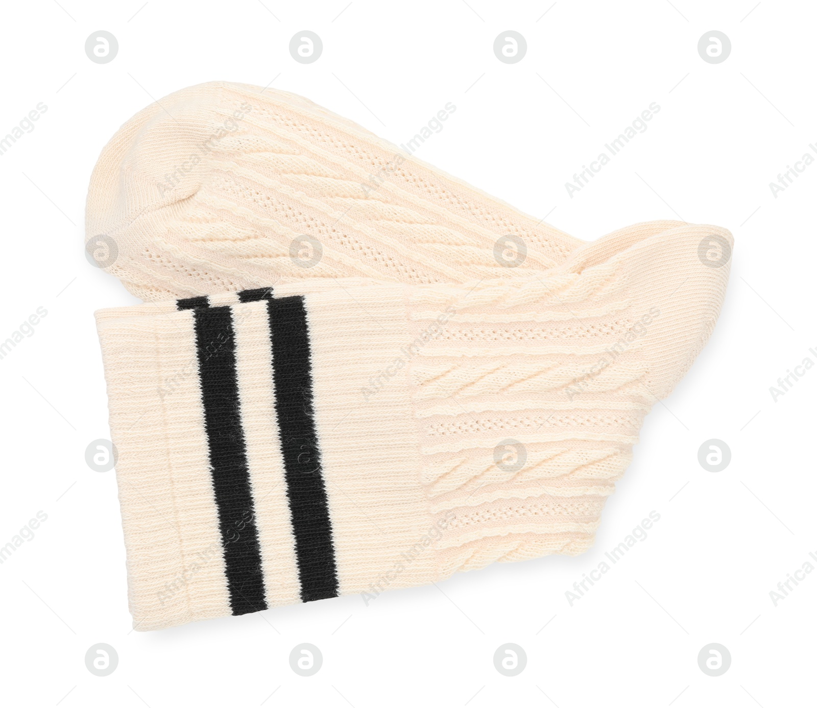 Photo of Pair of soft socks isolated on white, top view