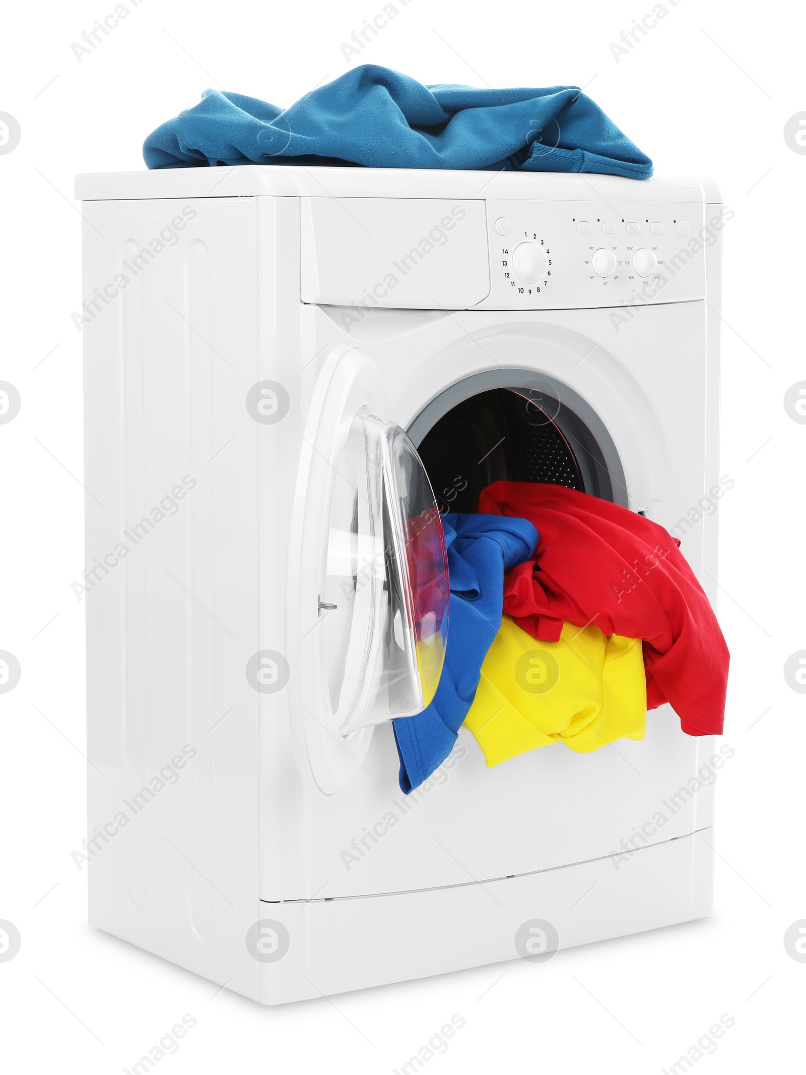 Photo of Modern washing machine with colorful laundry isolated on white