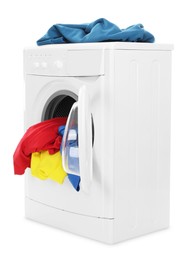 Photo of Modern washing machine with colorful laundry isolated on white