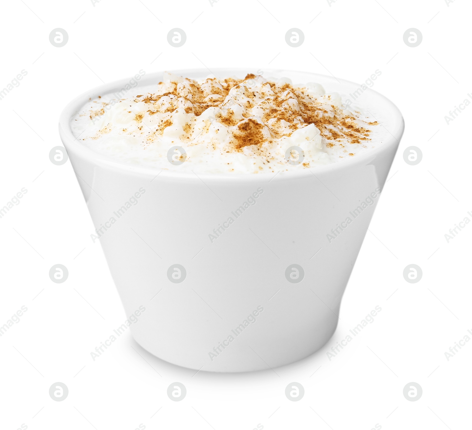 Photo of Delicious rice pudding with cinnamon isolated on white